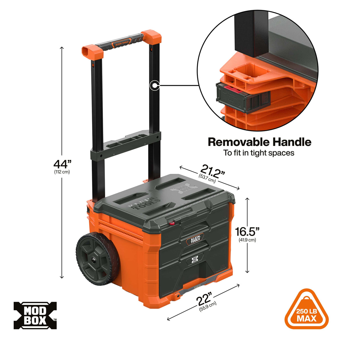 Klein MODbox 54890MB exterior dimensions show 22 by 21.2-inch base, 44-inch extended handle, and 250-pound maximum system load capacity.