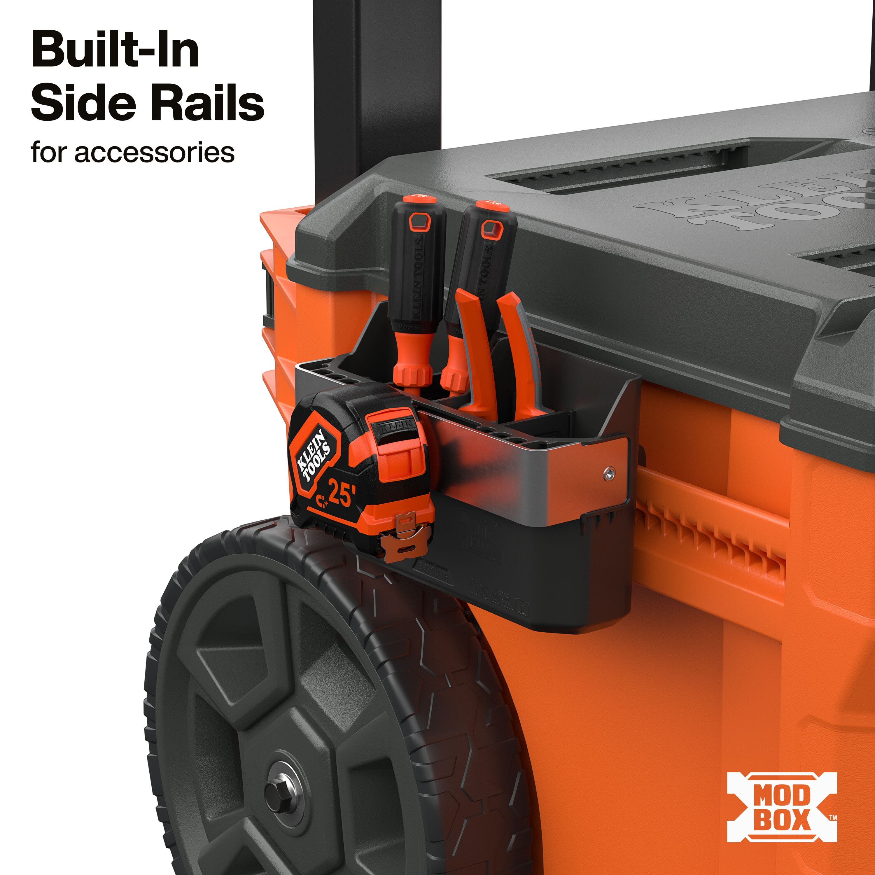 Built-in MODbox side accessory rails allow fast exterior mounting for hand tools, screwdrivers, pliers, and tape measures.