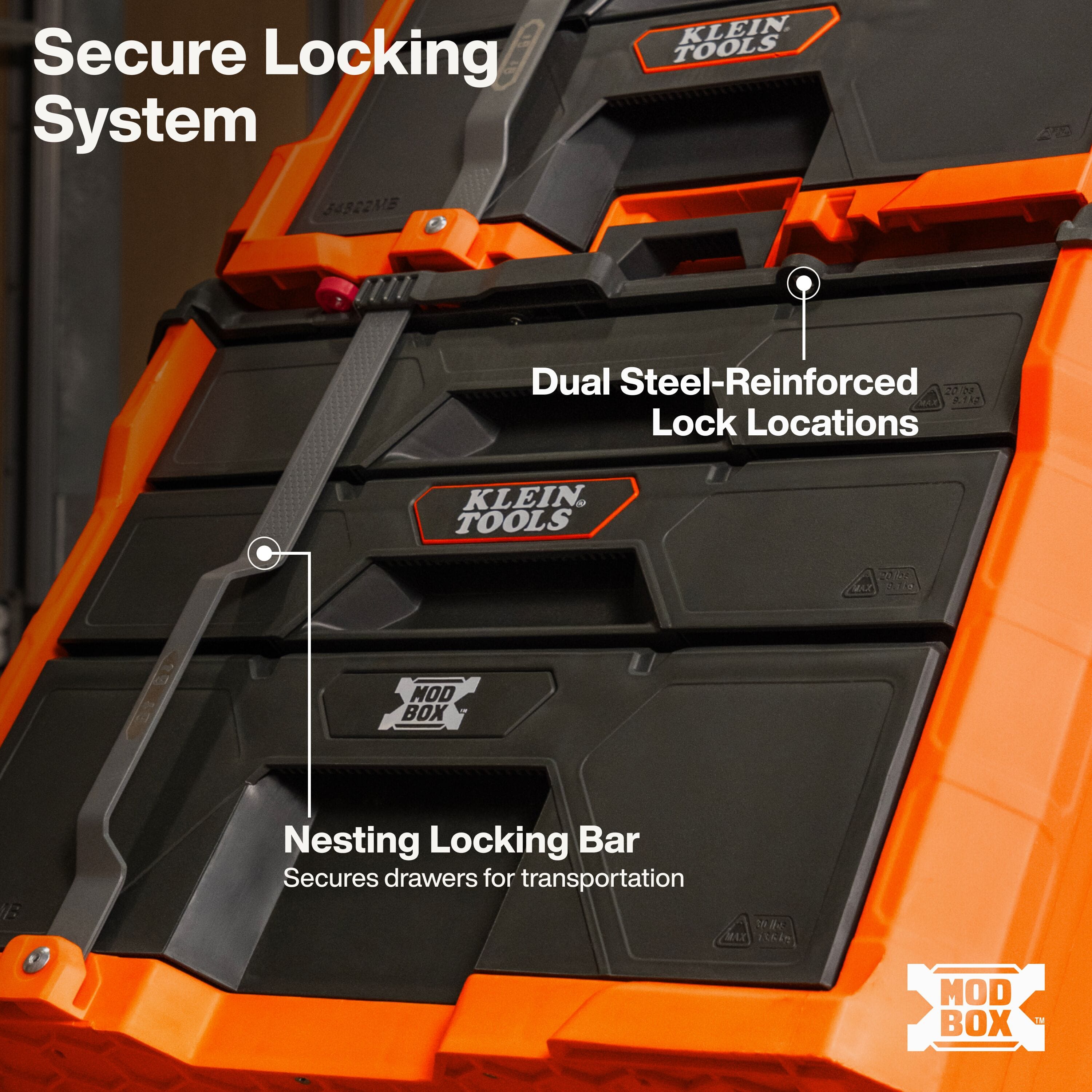 Built-in MODbox side accessory rails allow fast exterior mounting for hand tools, screwdrivers, pliers, and tape measures.