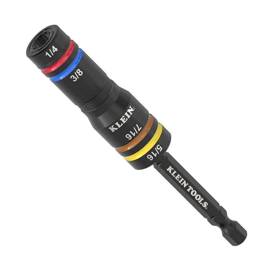 Klein 651QS Quad-4 SAE impact flip socket displaying 1/4, 3/8, 7/16, and 5/16-inch sizes on a quick-change hex extension shaft.