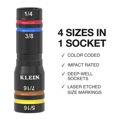 Diagram detailing 4 SAE sizes in 1 socket body, color-coded bands, deep-well profile, and impact-rated alloy steel construction.