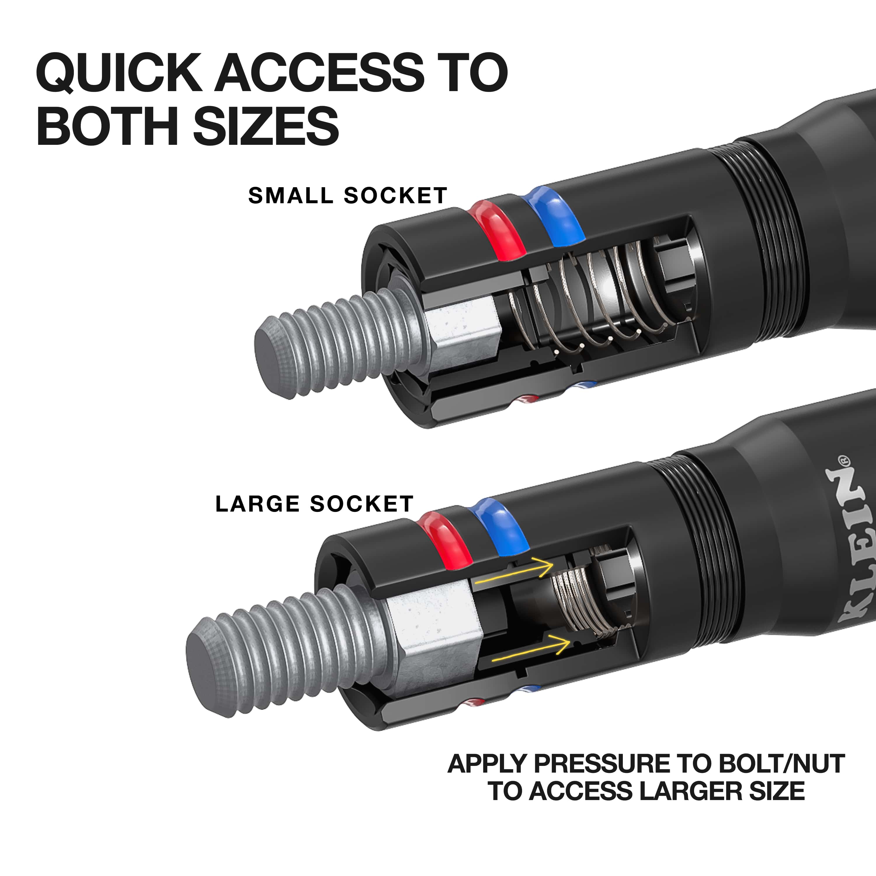 Diagram demonstrating spring-loaded coaxial action where applying pressure retracts inner sleeve walls to engage larger imperial hex heads.