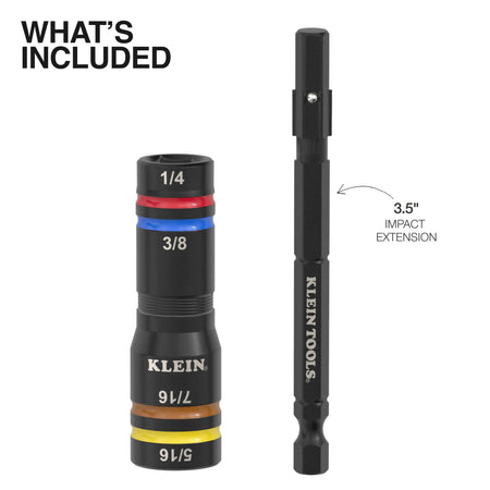 Overview of included components showing the Klein Quad-4 SAE flip socket alongside its 3.5-inch impact extension adapter shaft.