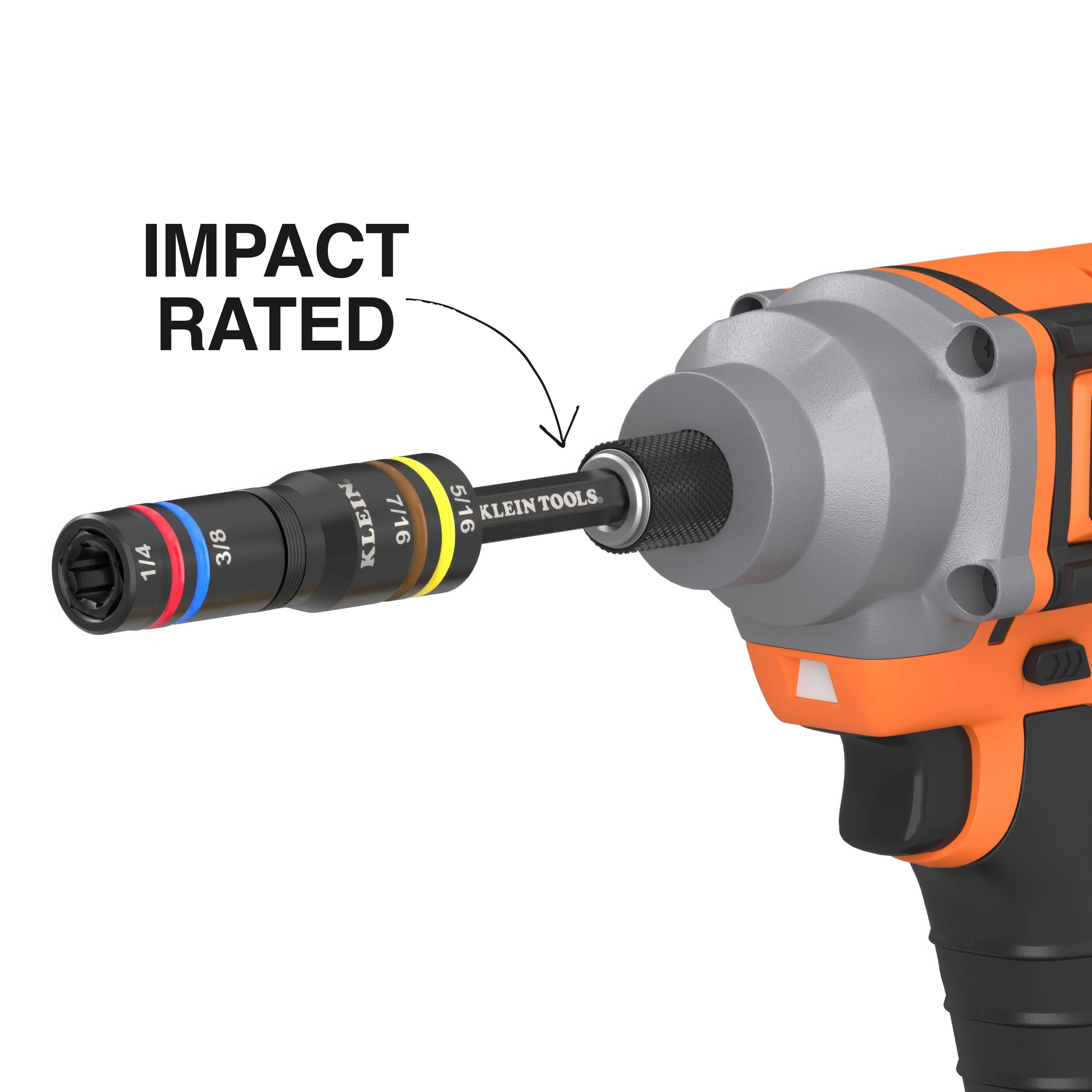 Klein 651QS Quad-4 SAE flip socket mounted on a power impact driver chuck to highlight high-torque impact compatibility.