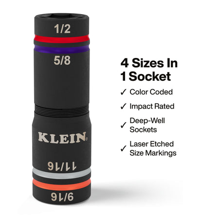 Diagram detailing 4 SAE sizes in 1 socket body, color-coded bands, deep-well design, and impact-rated alloy steel construction.