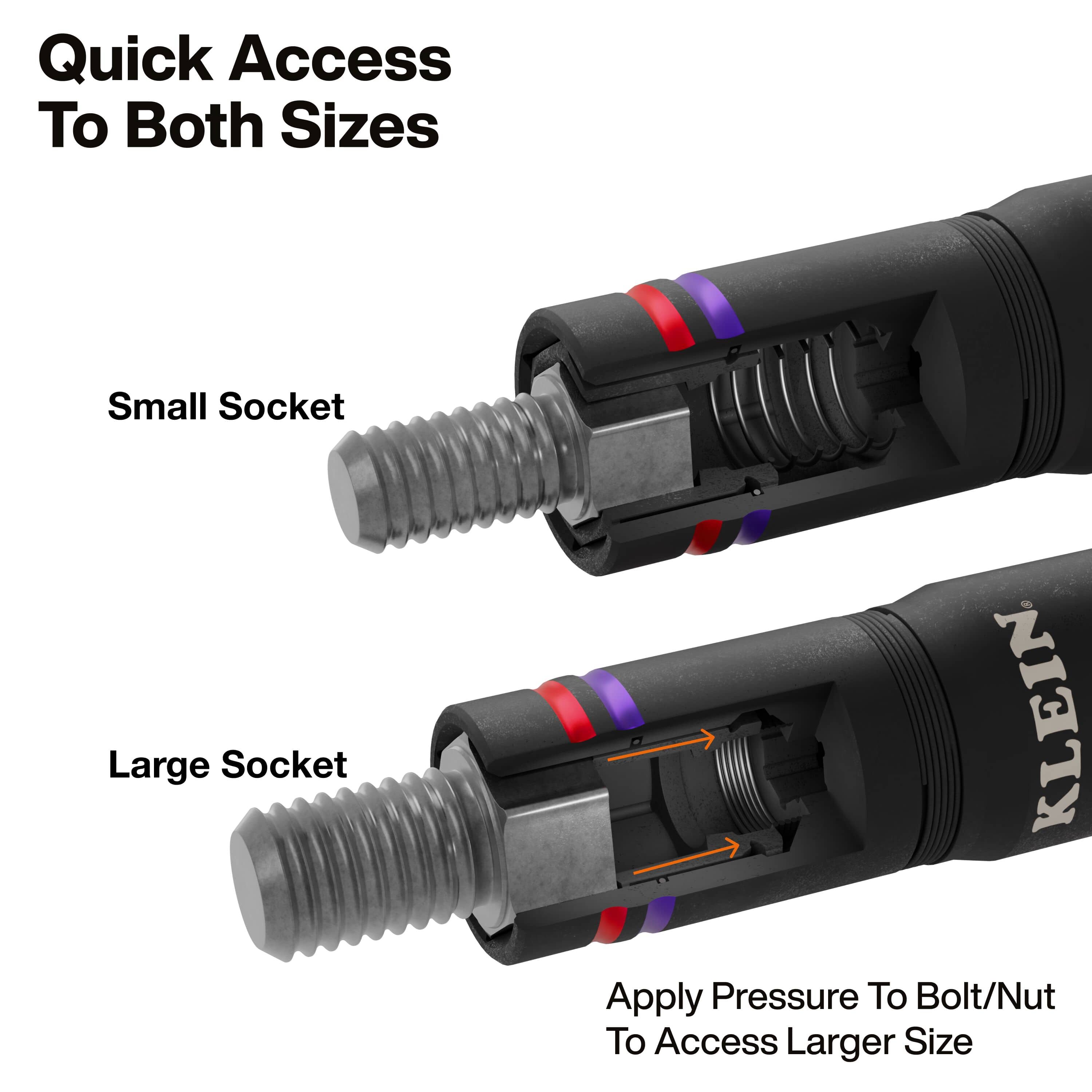 Diagram demonstrating spring-loaded coaxial action where applying pressure retracts inner sleeve walls to engage larger imperial hex heads.
