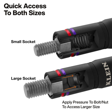 Diagram demonstrating spring-loaded coaxial action where applying pressure retracts inner sleeve walls to engage larger imperial hex heads.