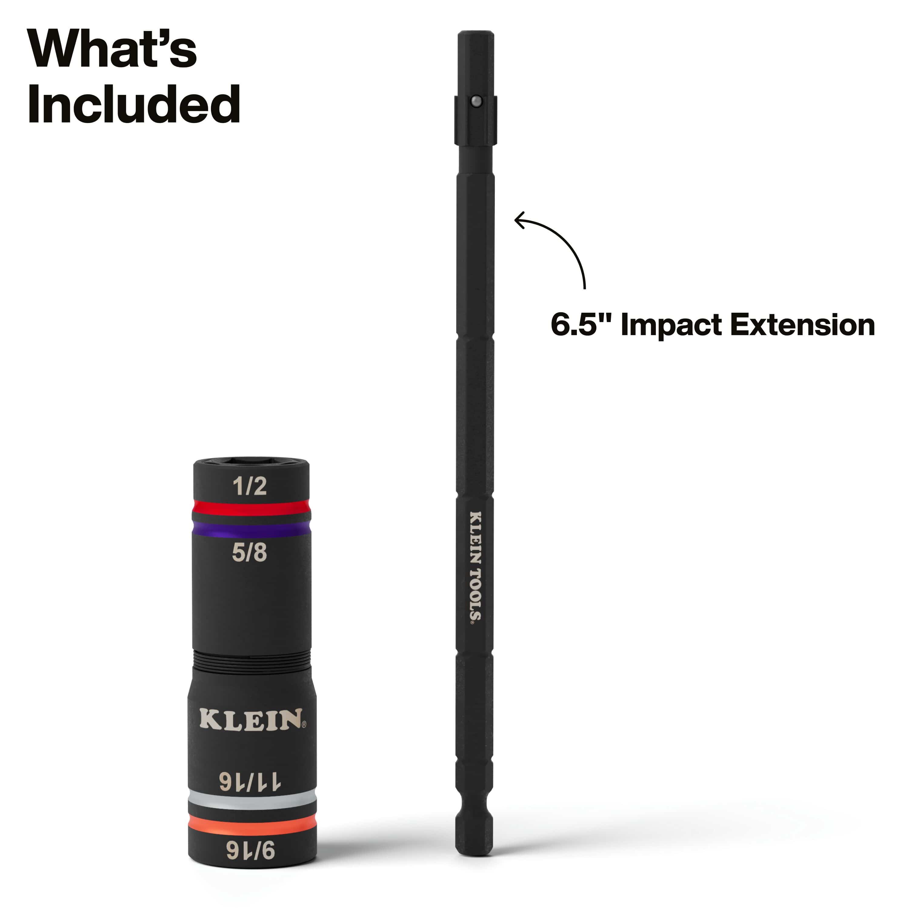 Overview of included components showing the Klein Quad-4 SAE flip socket alongside its 6.5-inch impact extension adapter shank.