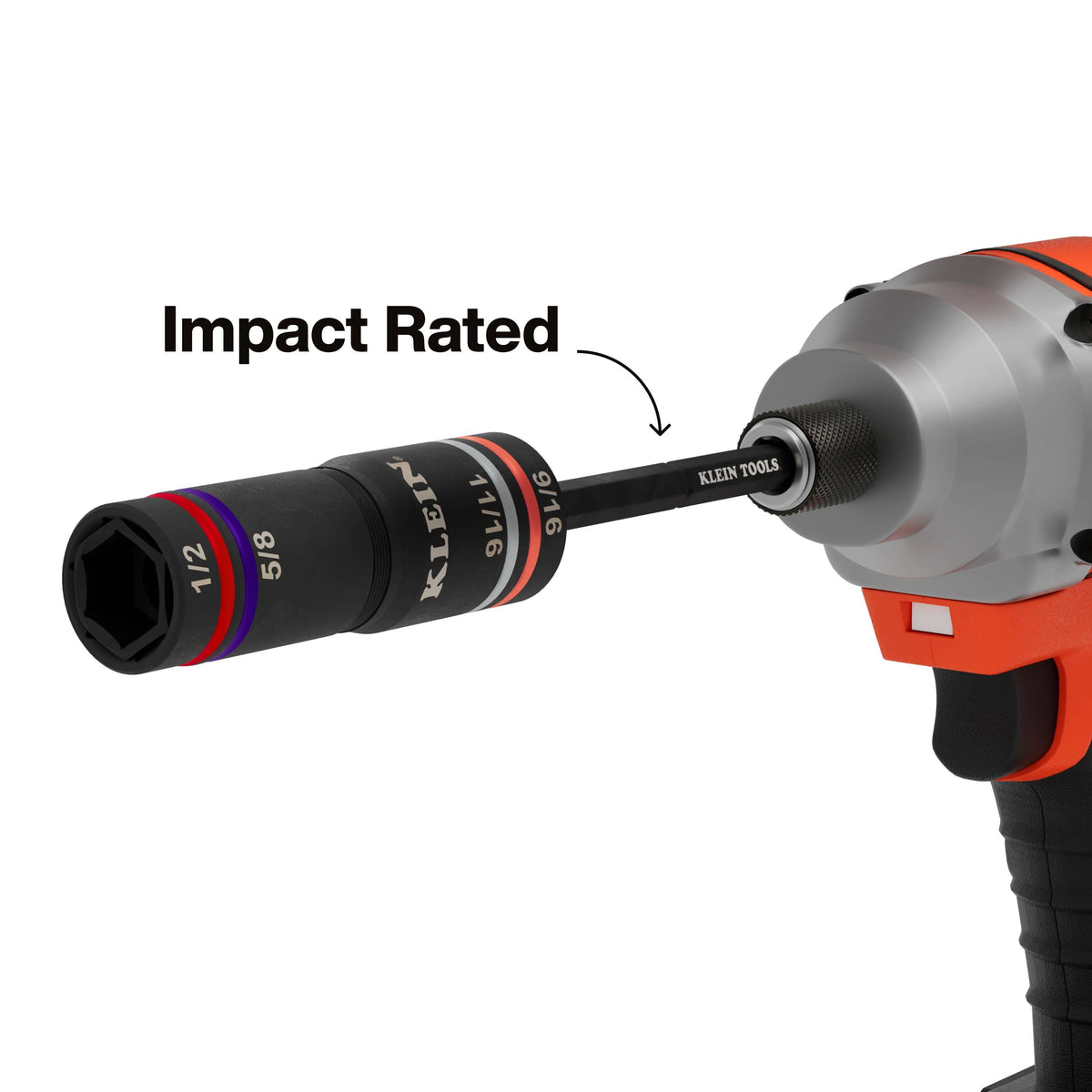 Klein 6512QS Quad-4 SAE flip socket mounted on a power impact driver chuck to highlight high-torque impact compatibility.