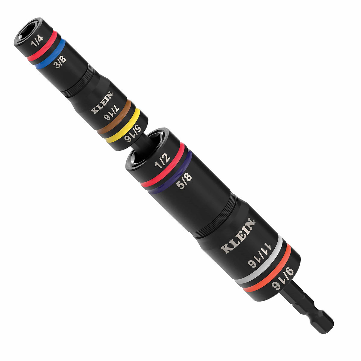 Klein 652QS Quad-8 set showing small and medium coaxial sockets mounted together on a 1/4-inch hex impact extension shaft.