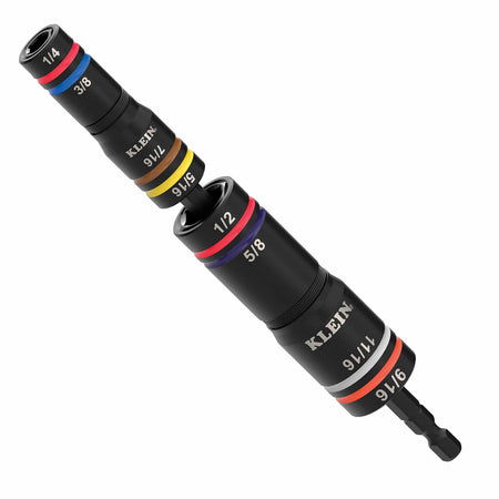 Klein 652QS Quad-8 set showing small and medium coaxial sockets mounted together on a 1/4-inch hex impact extension shaft.