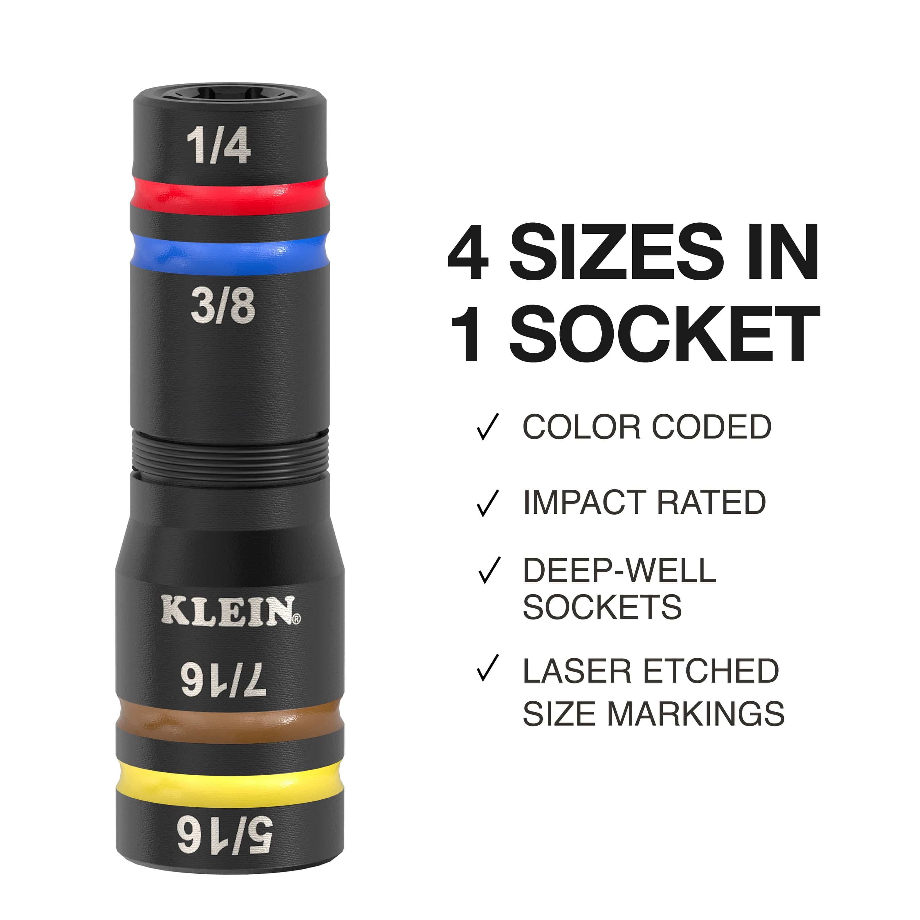 Diagram detailing 4 SAE sizes in 1 socket body, color-coded rings, deep-well profile, and high-torque impact rating.