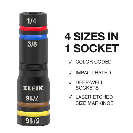 Diagram detailing 4 SAE sizes in 1 socket body, color-coded rings, deep-well profile, and high-torque impact rating.