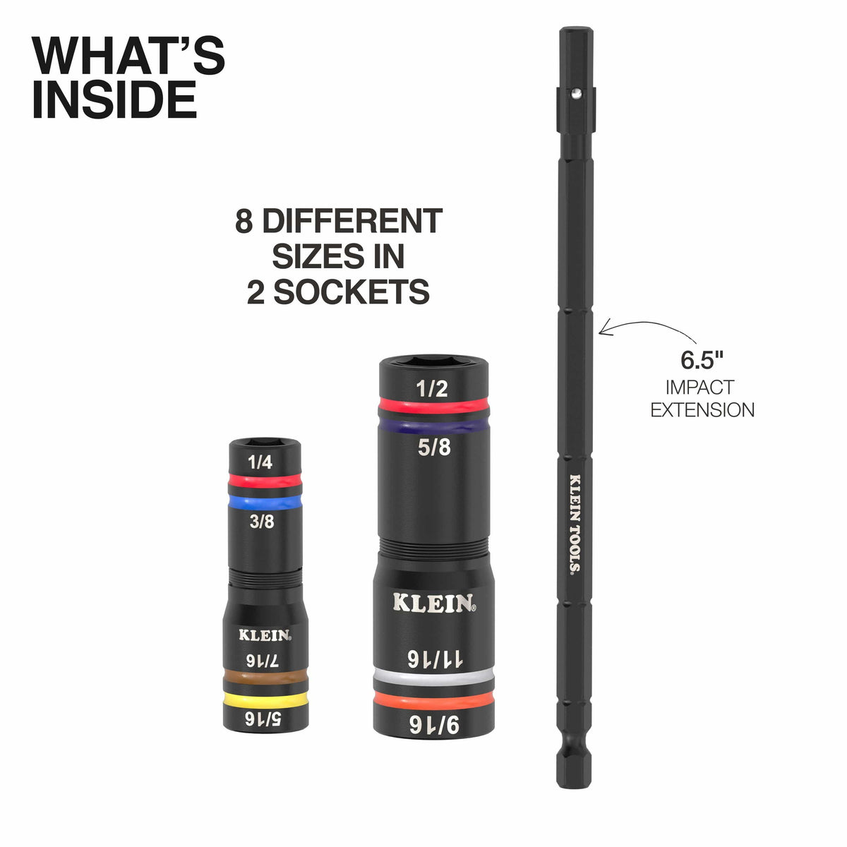 Overview of included components showing small and medium Quad-sockets alongside the 6.5-inch 1/4-inch hex impact extension rod.