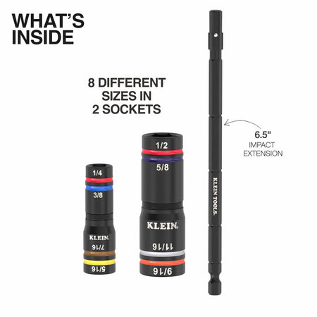 Overview of included components showing small and medium Quad-sockets alongside the 6.5-inch 1/4-inch hex impact extension rod.