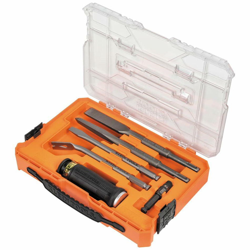 Klein Tools SDS Plus punchdown tool kit displayed in an orange and transparent case with molded slots holding five labeled blades, a black and orange handle, and a small adapter, organized for telecommunications or electrical work.