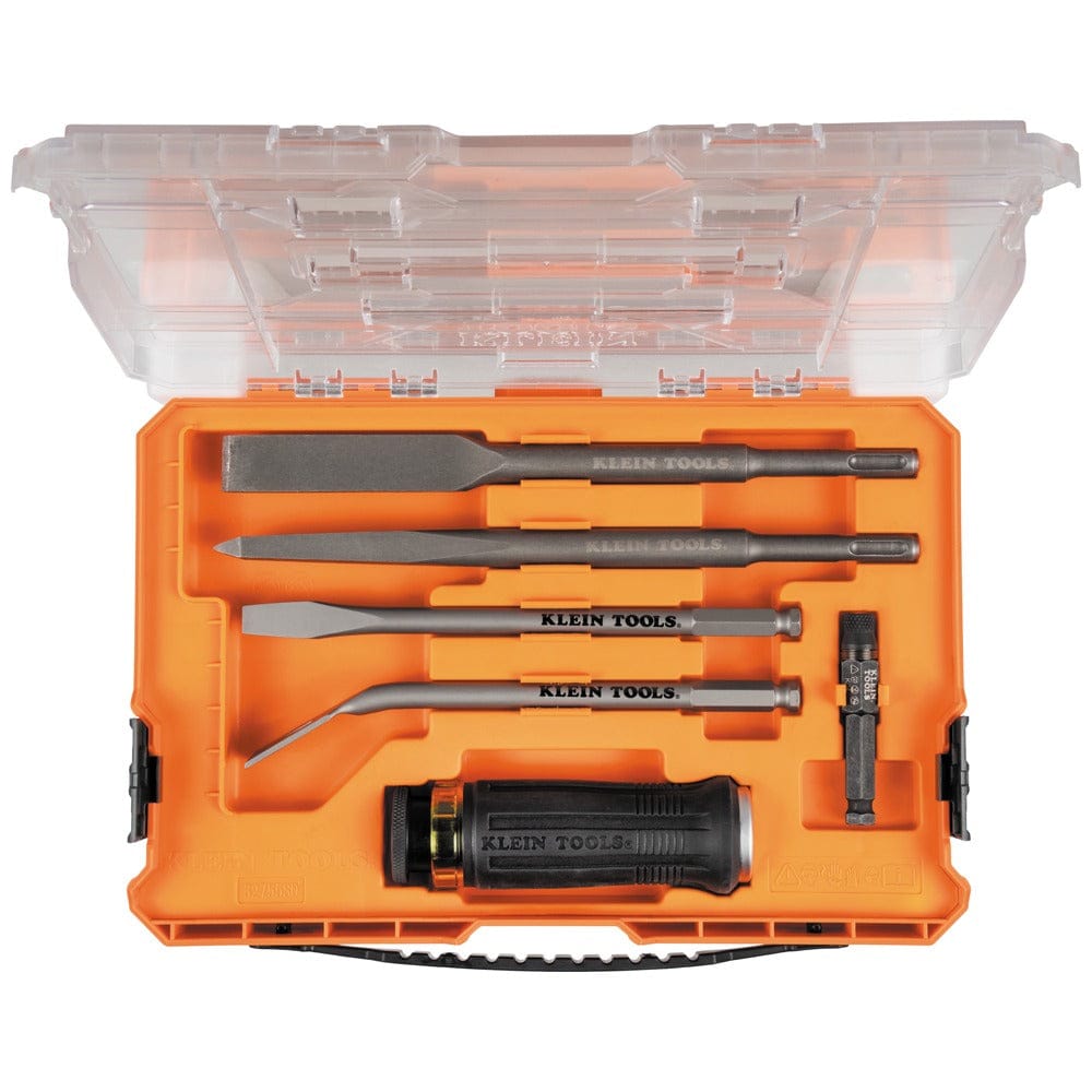 Klein Tools punchdown tool kit in orange plastic case with transparent lid, featuring multi-bit screwdriver handle, five interchangeable bits, 