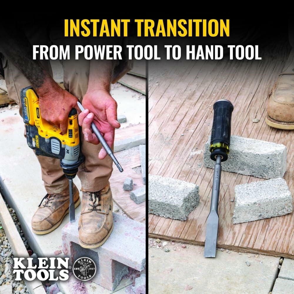 Side-by-side comparison of Klein Tools chisel bit used with a yellow and black power drill on concrete and as a hand tool on wood, highlighting instant transition capability between power and manual use.