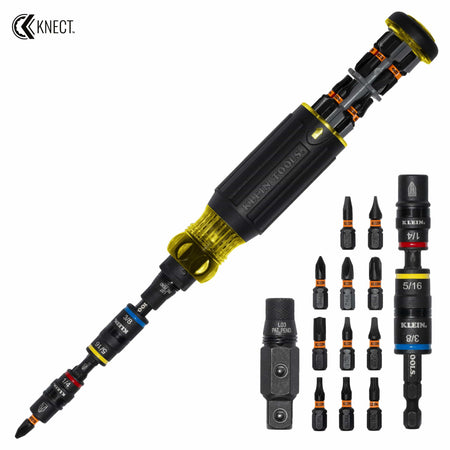 Klein Tools 32517HD 17-in-1 hybrid screwdriver with flip sockets, KNECT shaft, 3/8-inch adapter, and onboard bit storage.