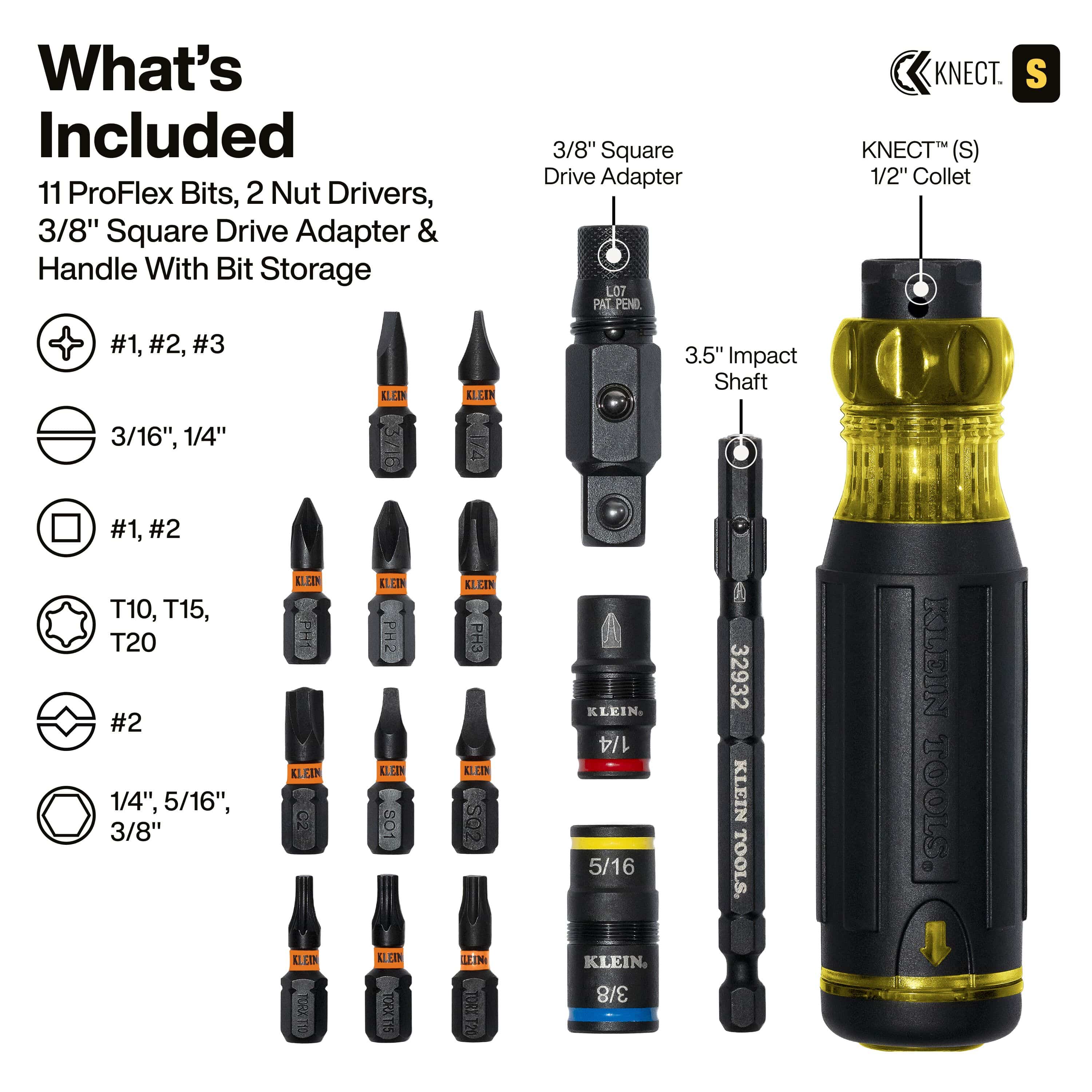 Diagram listing all 17 pieces in the Klein 32517HD set, including 11 ProFlex bits, 3 flip sockets, 3/8-inch adapter, and handle.