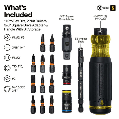 Diagram listing all 17 pieces in the Klein 32517HD set, including 11 ProFlex bits, 3 flip sockets, 3/8-inch adapter, and handle.