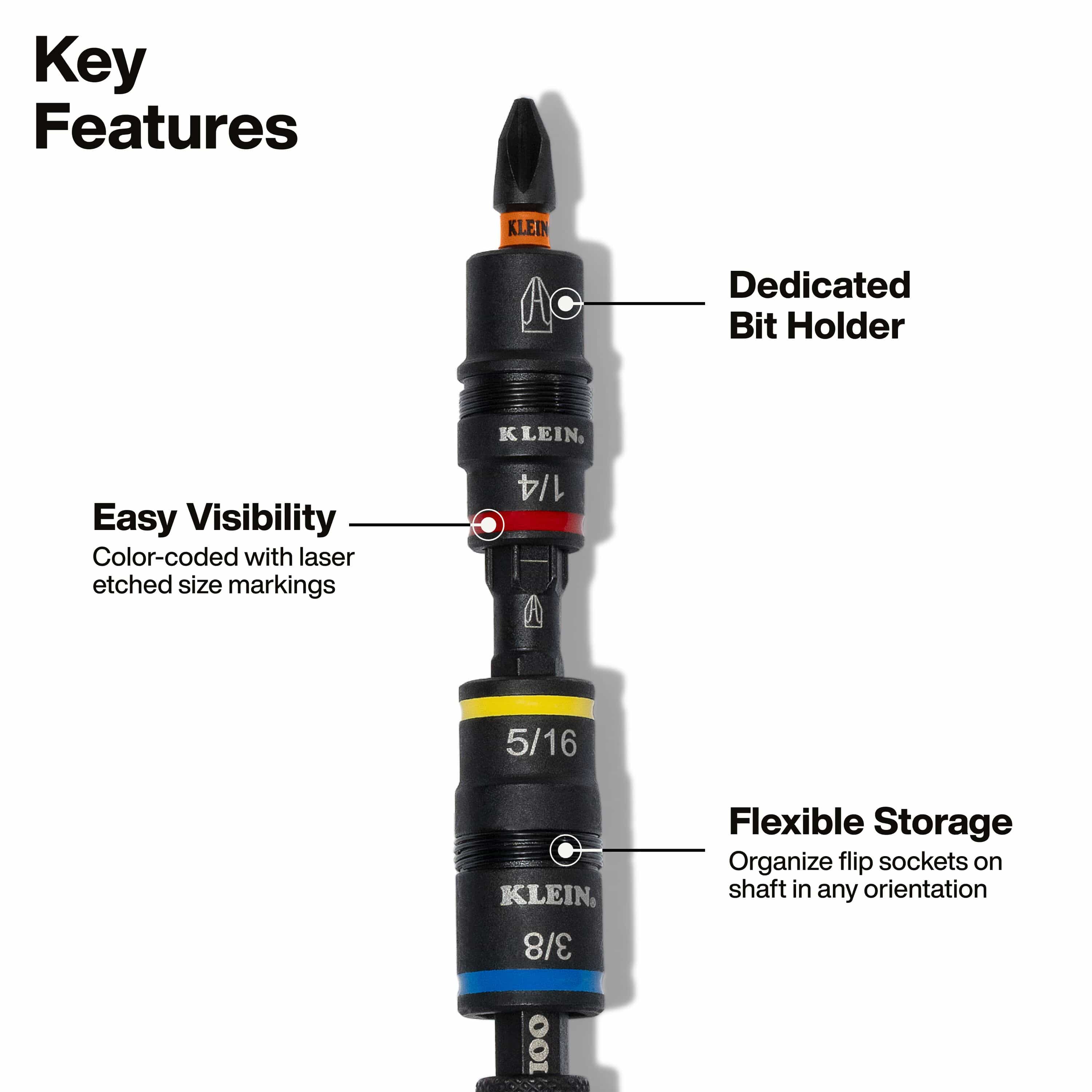 Diagram highlighting features of the Klein 32517HD, including dedicated bit holder, color-coded sizes, and flexible socket storage.