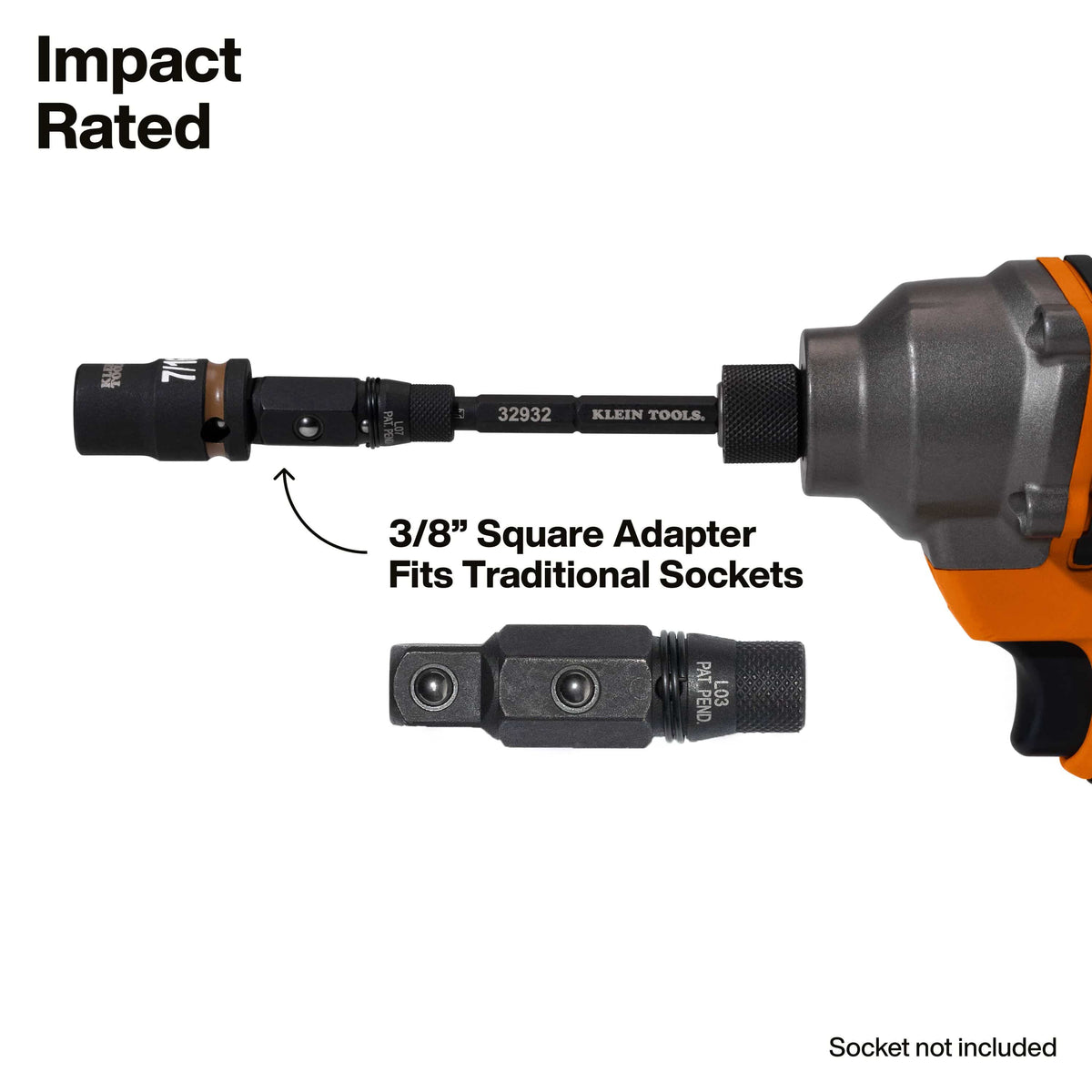 Klein Tools impact-rated shaft inserted into an impact driver, showing the 3/8-inch square adapter for traditional socket use.