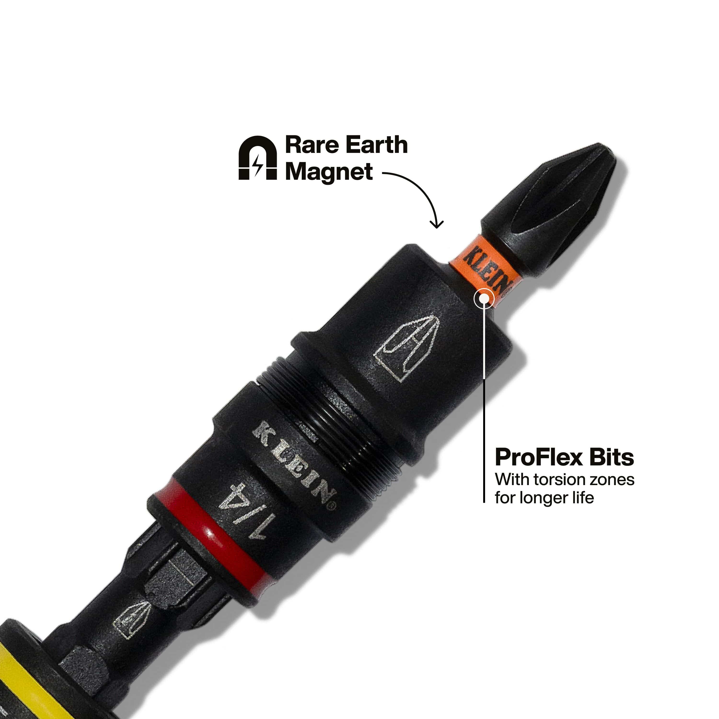 Close-up diagram of the Klein 32517HD bit holder highlighting the rare-earth magnet and ProFlex torsion zone for longer bit life.