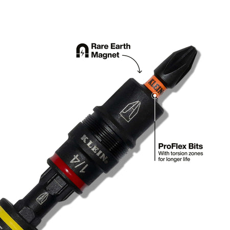 Close-up diagram of the Klein 32517HD bit holder highlighting the rare-earth magnet and ProFlex torsion zone for longer bit life.
