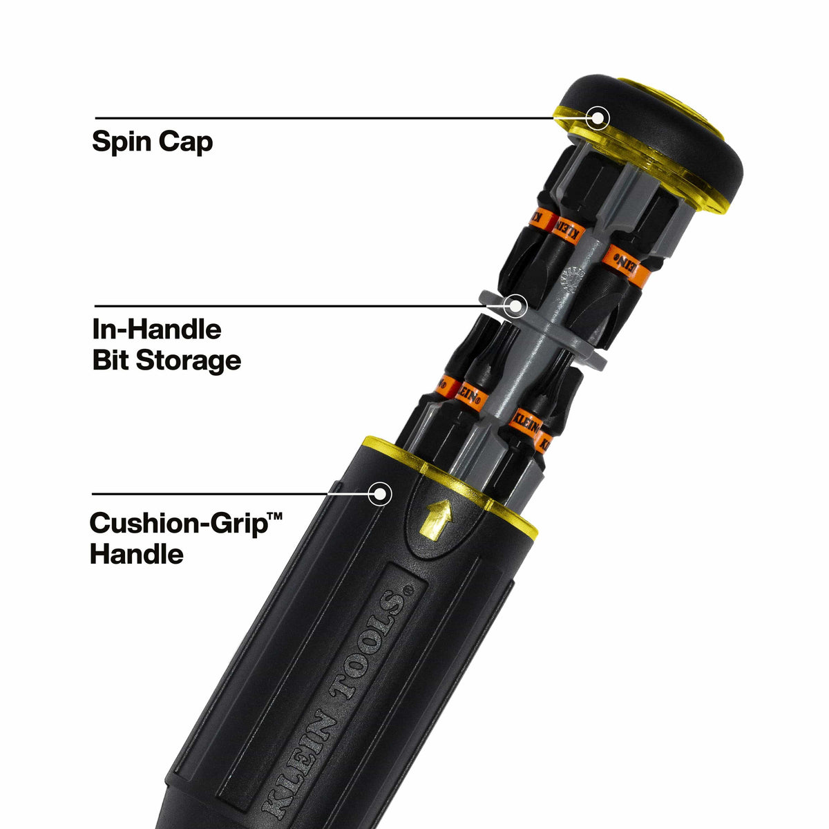 Diagram detailing the Klein Cushion-Grip handle features, including the smooth spin cap and pull-out internal bit storage.