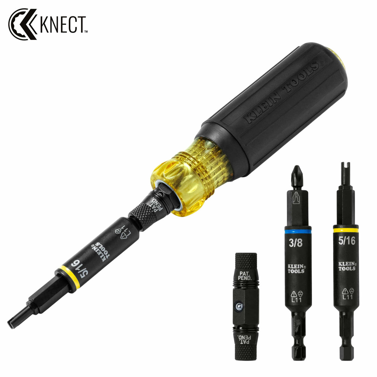 Klein Tools 32527HD 11-in-1 HVAC multi-bit driver shown assembled with additional quick-connect nut driver shafts and Schrader valve bits.