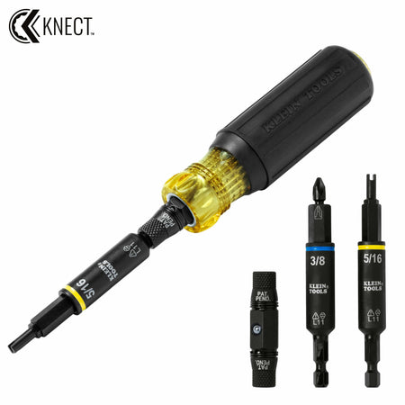 Klein Tools 32527HD 11-in-1 HVAC multi-bit driver shown assembled with additional quick-connect nut driver shafts and Schrader valve bits.