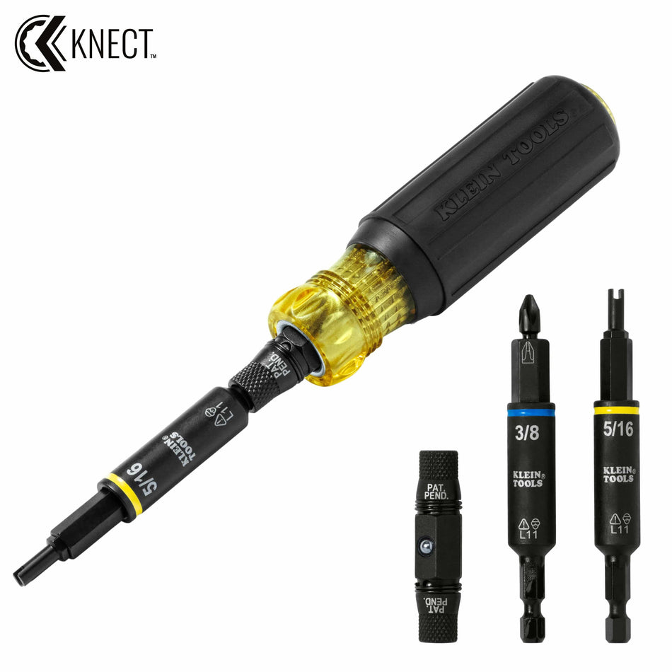 Klein Tools 32527HD 11-in-1 HVAC multi-bit driver shown assembled with additional quick-connect nut driver shafts and Schrader valve bits.