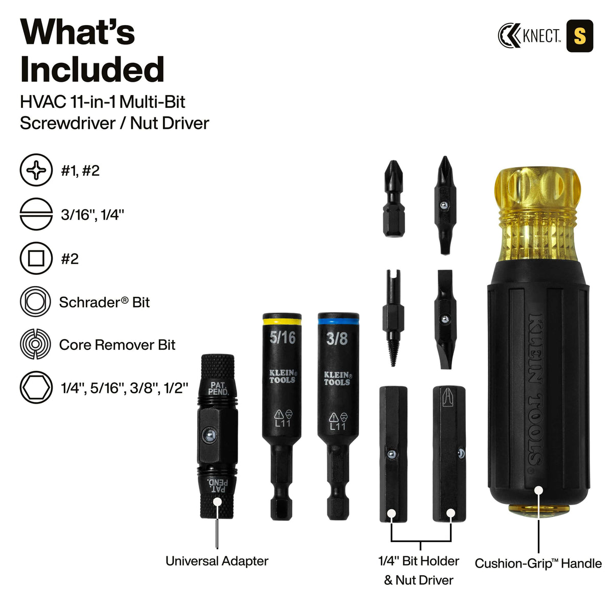 Diagram listing all included components for the Klein 32527HD set, including 1/4 to 1/2 inch nut drivers, Schrader core bits, and Cushion-Grip handle.