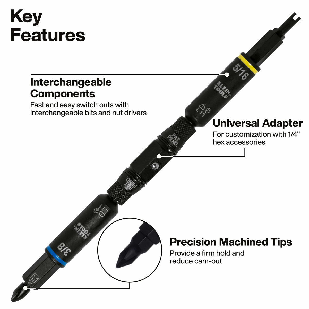 Diagram highlighting key performance features of the Klein 32527HD, including interchangeable components, universal 1/4-inch adapter, and precision tips.