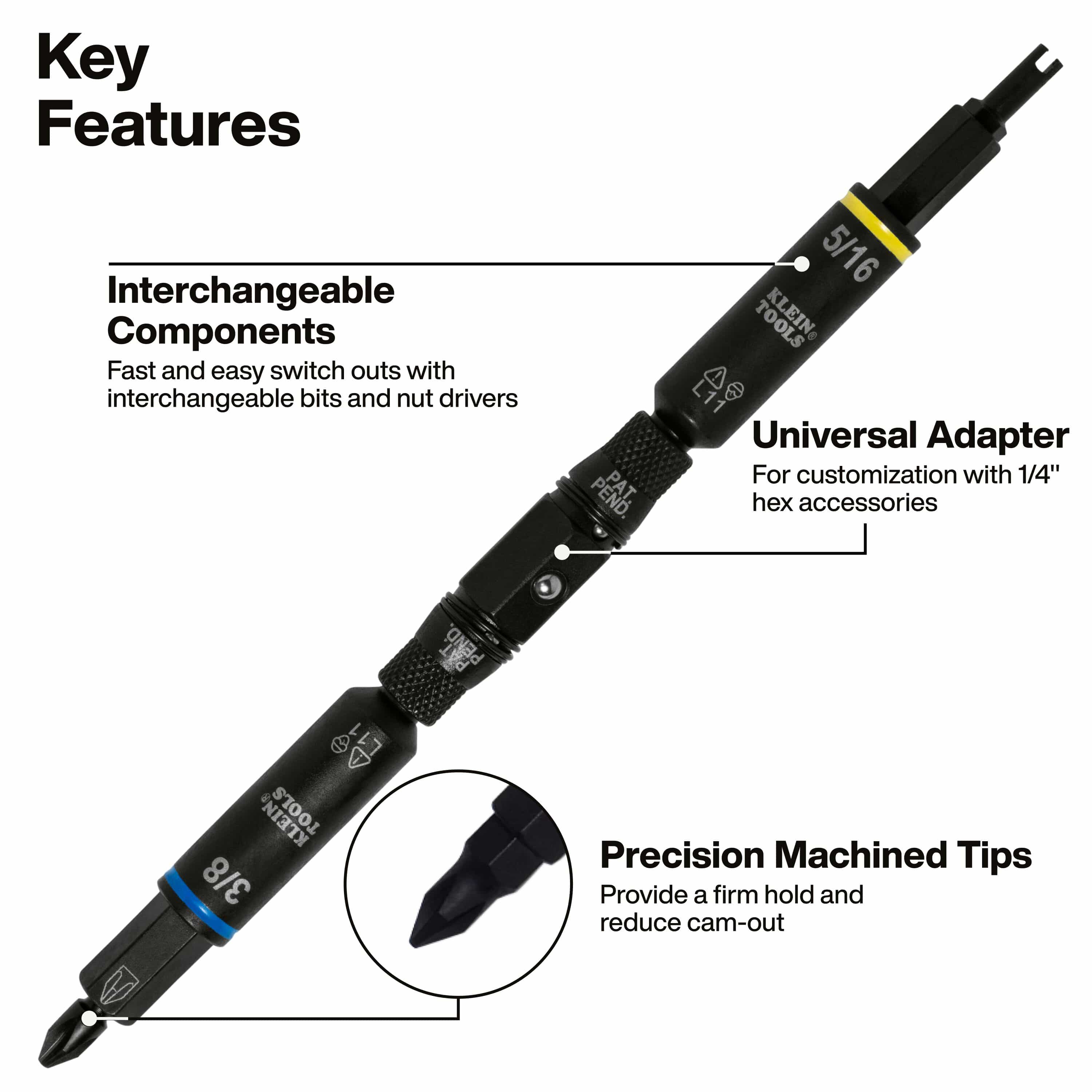 Diagram highlighting key performance features of the Klein 32527HD, including interchangeable components, universal 1/4-inch adapter, and precision tips.
