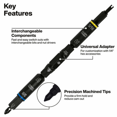 Diagram highlighting key performance features of the Klein 32527HD, including interchangeable components, universal 1/4-inch adapter, and precision tips.