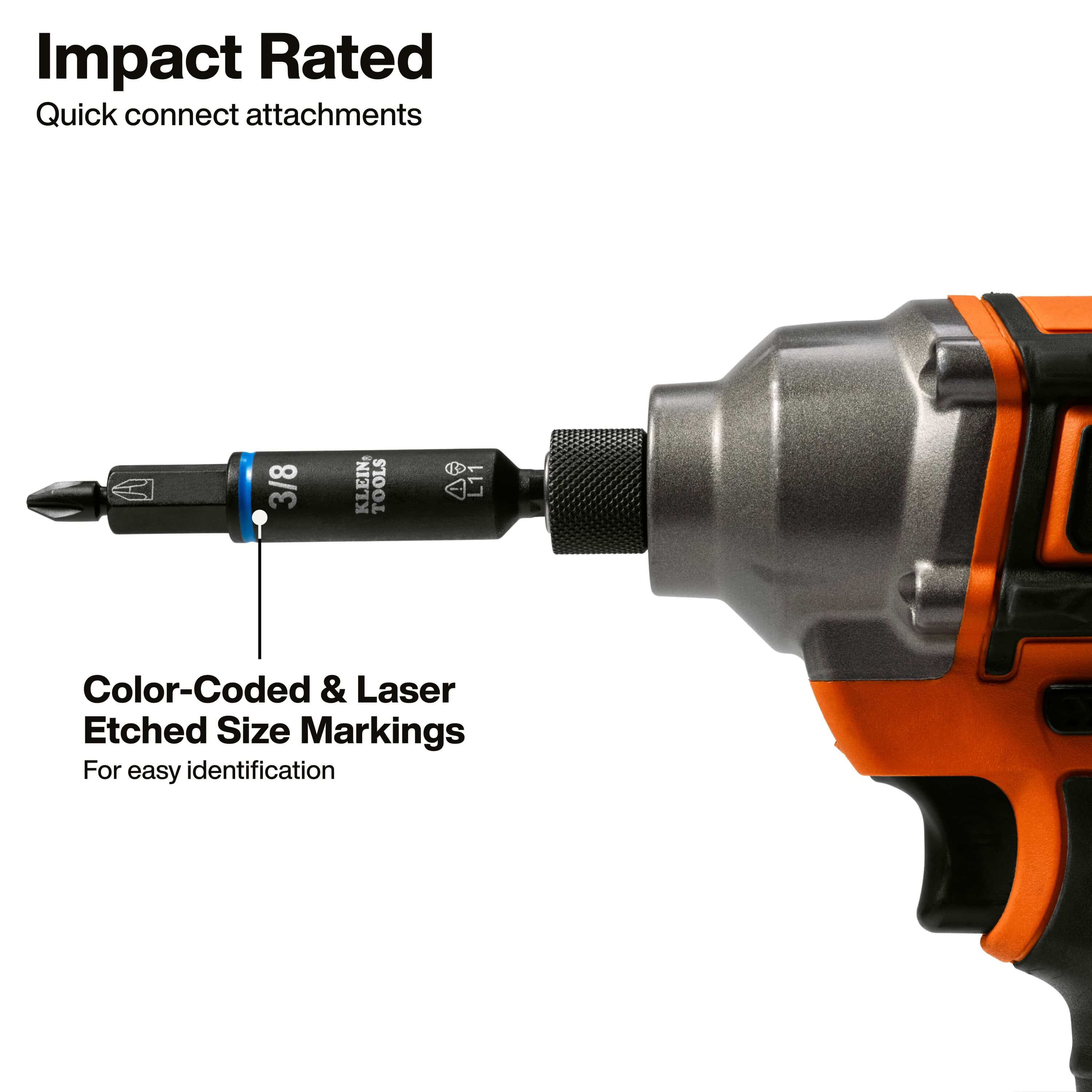 Klein Tools impact-rated quick-connect shaft inserted directly into an impact driver chuck showing color-coded laser-etched size markings.