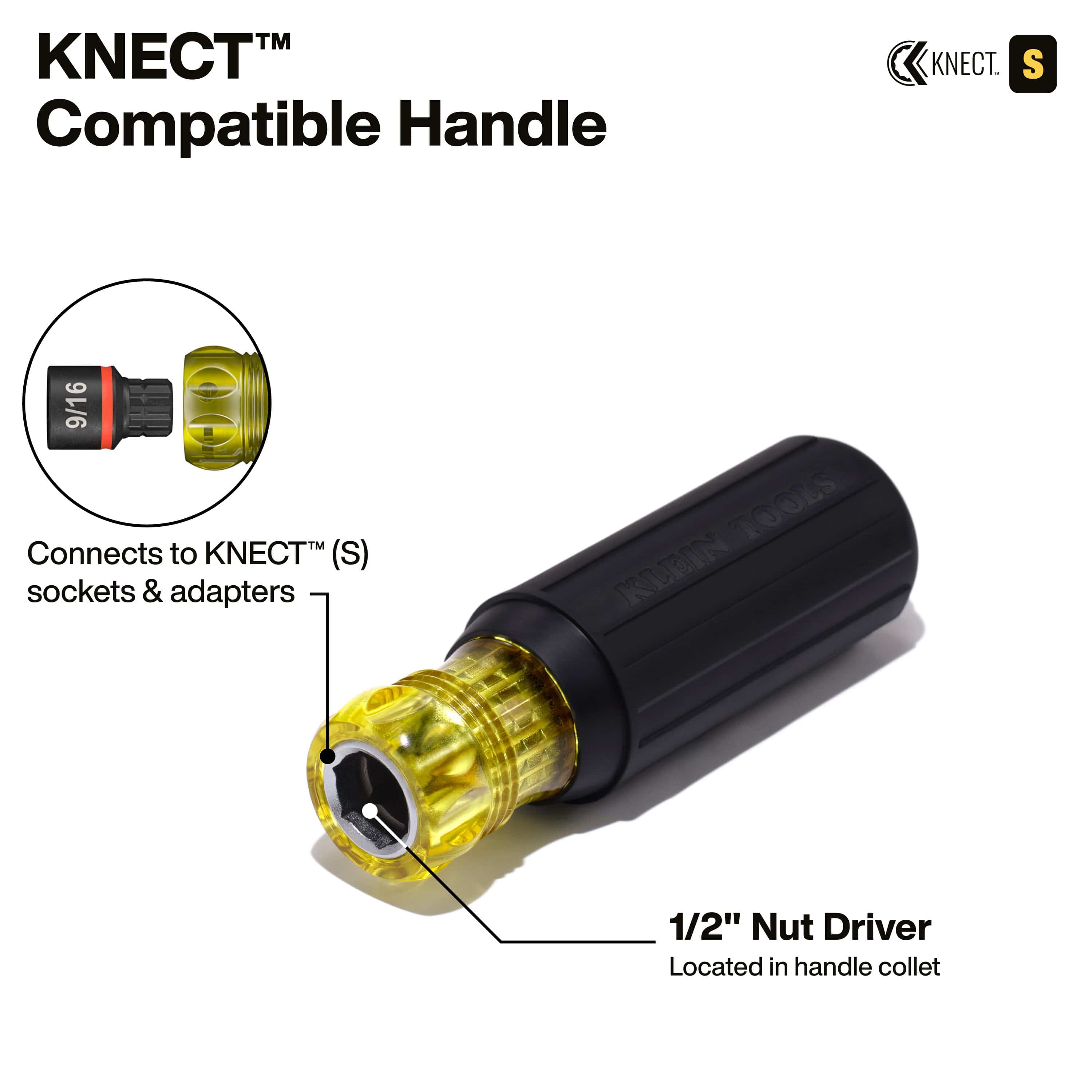 Diagram detailing the Klein KNECT handle collet interface, showing how it connects to KNECT sockets and acts as a 1/2-inch nut driver.