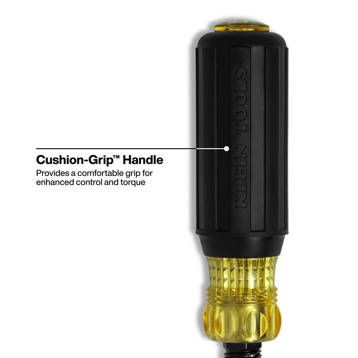 Close-up view of the Klein Tools Cushion-Grip screwdriver handle highlighting the ergonomic rubber overmold designed for high torque transmission.