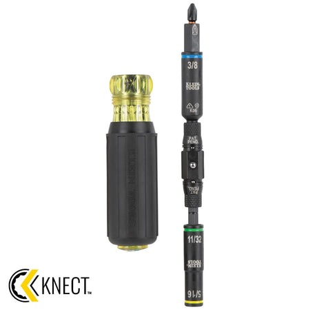 Klein Tools 32528HD KNECT handle alongside its assembled double-ended shaft featuring color-coded nut driver sockets and a Phillips bit tip.