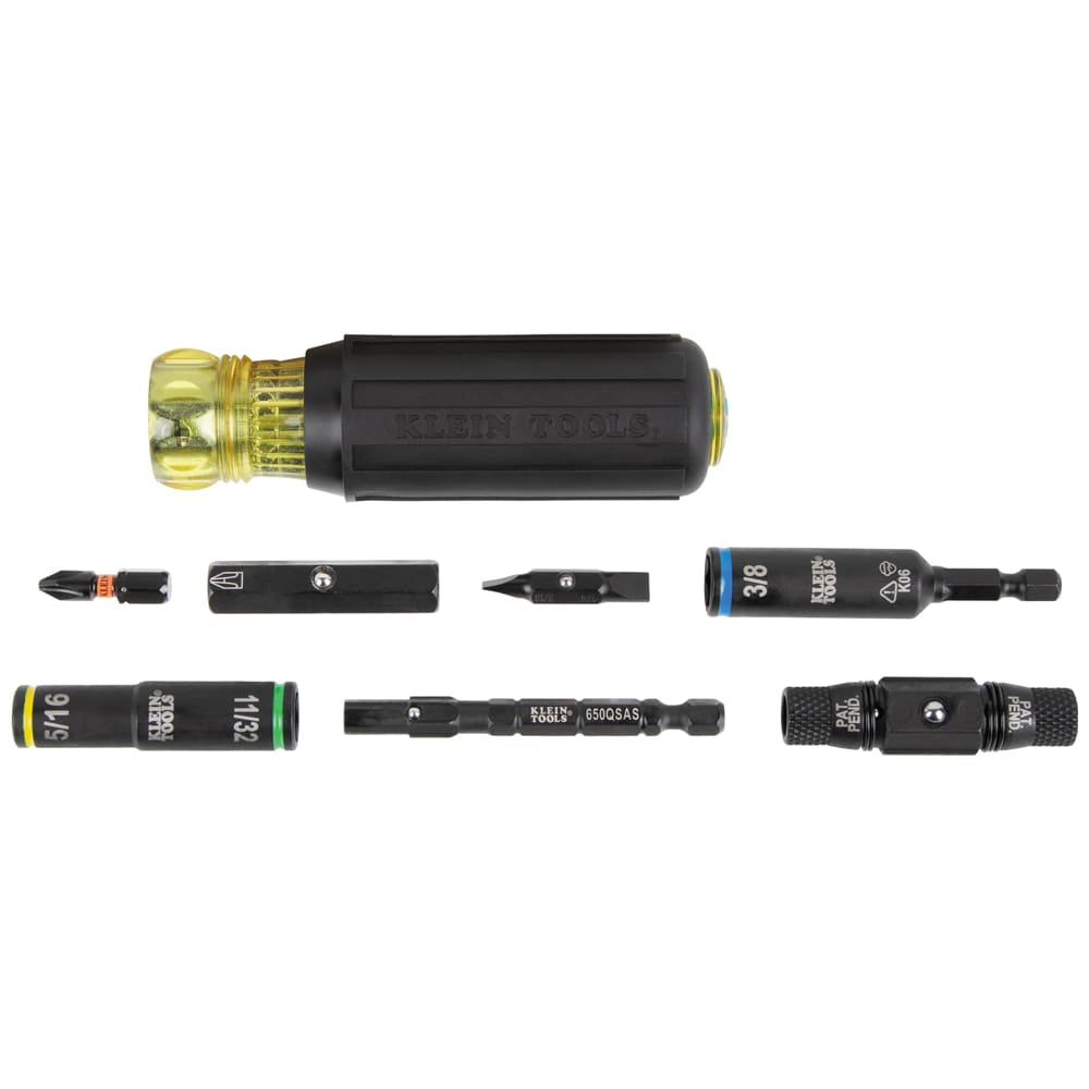 Klein Tools 32528HD 10-in-1 multi-tool disassembled to show the Cushion-Grip handle, quick-connect shafts, bit inserts, and flip sockets.