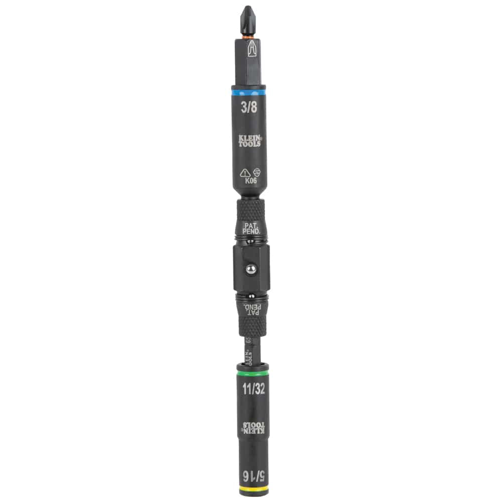 Assembled Klein Tools 32528HD KNECT shaft displaying 3/8, 11/32, and 5/16 inch color-coded flip sockets with a Phillips bit tip.