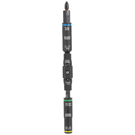 Assembled Klein Tools 32528HD KNECT shaft displaying 3/8, 11/32, and 5/16 inch color-coded flip sockets with a Phillips bit tip.