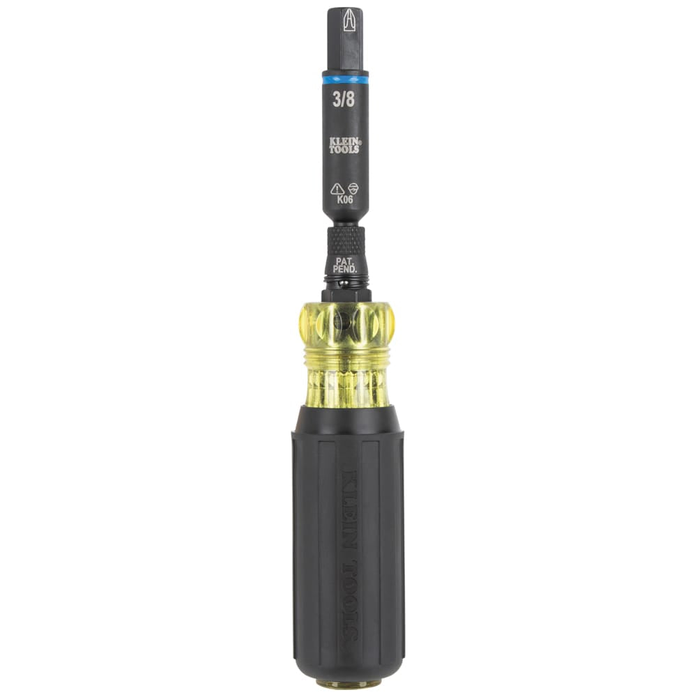 Klein Tools 32528HD multi-bit screwdriver handle configured with a 3/8 inch nut driver and bit holder for high-torque manual driving.