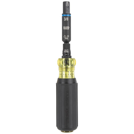 Klein Tools 32528HD multi-bit screwdriver handle configured with a 3/8 inch nut driver and bit holder for high-torque manual driving.