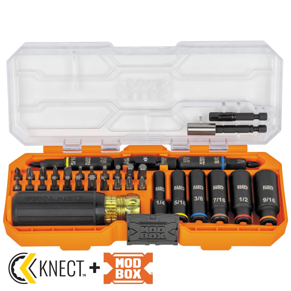 Klein Tools 32502HD 41-piece set arranged inside an open MODbox case showing impact sockets, driver bits, power nut drivers, and Cushion-Grip handle.