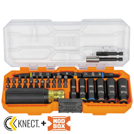 Klein Tools 32502HD 41-piece set arranged inside an open MODbox case showing impact sockets, driver bits, power nut drivers, and Cushion-Grip handle.