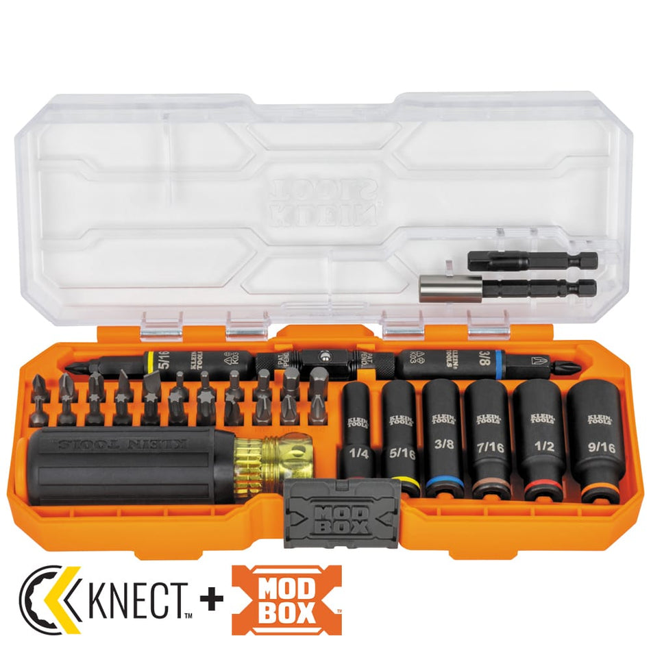 Klein Tools 32502HD 41-piece set arranged inside an open MODbox case showing impact sockets, driver bits, power nut drivers, and Cushion-Grip handle.