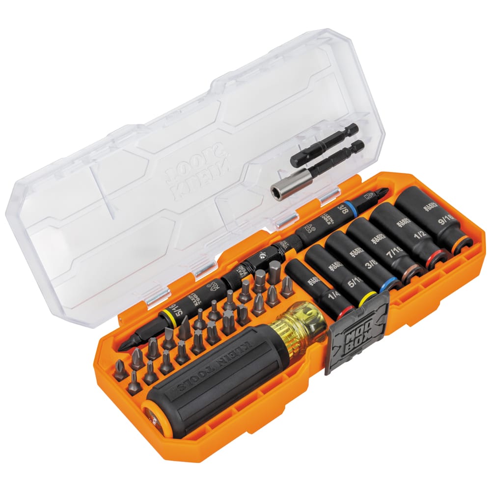 Angled view of the Klein 32502HD kit open in its MODbox storage case, highlighting the bit organization, deep sockets, and quick-connect adapter.